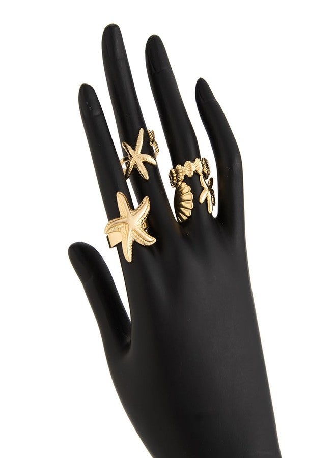 KURTCB Seashell Starfish Rings Set Gold Silver Summer Beach Surfer Conch Stacking Rings Beachy Jewelry for Women 4PCS (Gold) - Image 4